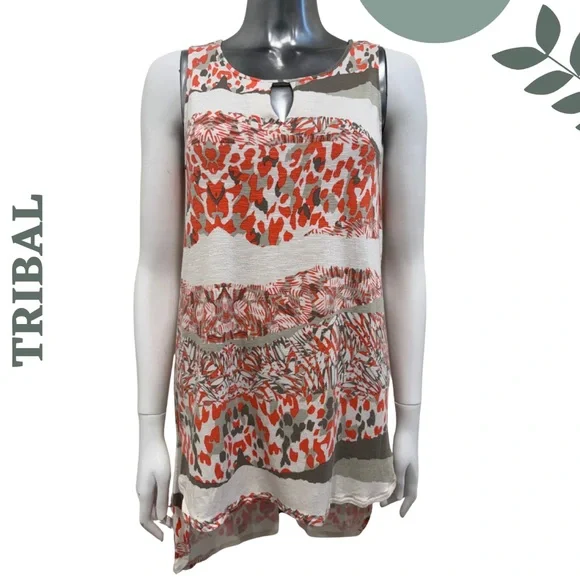 Tribal High Low Sleeveless Tunic Top Orange Grey Size Small - Picture 2 of 7